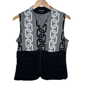 Samuel Dong Black White Chain Ruched Zip Sleeveless Blouse Women Size L BLEMISH